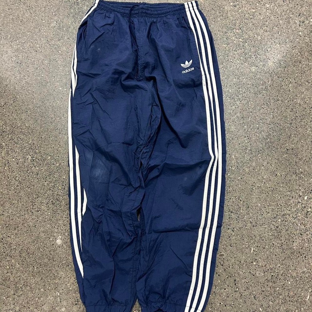 Vintage 80s Adidas Trefoil Blue and White Striped Track Pants Y2K (Size Medium)